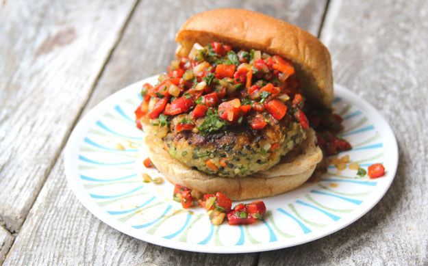 Quinoa Veggie Burger with Roasted Red Pepper Relish