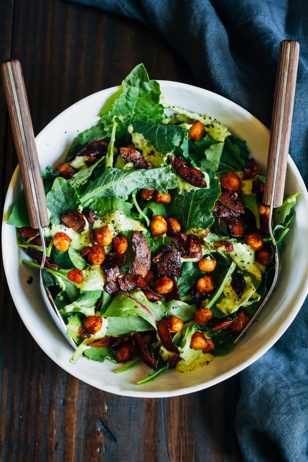 Spicy Chickpea and Coconut "Bacon" Salad With Avocado Dressing