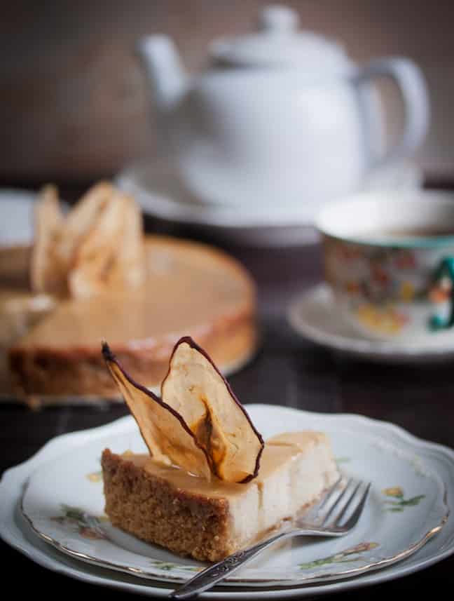 Pear and Ginger Ricotta Cheesecake with Salted Caramel Drizzle from Allyson Kramer
