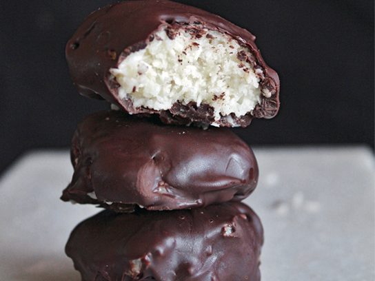 Almond Joys with Crunchy Coconut Center Enrobed in Raw Chocolate