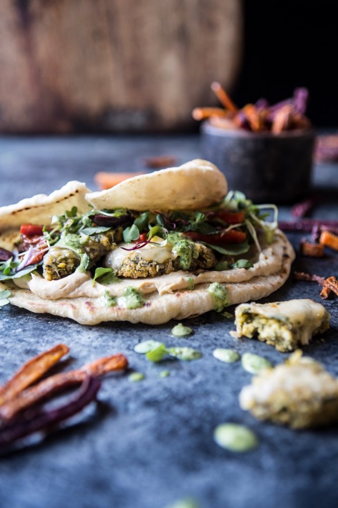 Vegan Lunch Ideas - Greek Falafel Melts along with Green Tahini Special Sauce