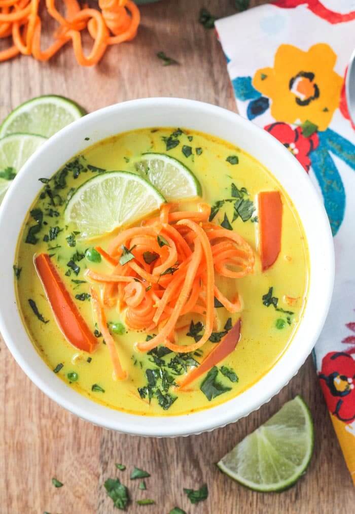 Vegan Coconut Curry Soup with Sweet Potato Noodles // Sweet potatoes are substituted for noodles in this dish for the ultimate clean eating hack. It's a healthy comfort food. The best combination. | The Green Loot #vegan #cleaneating #weightloss
