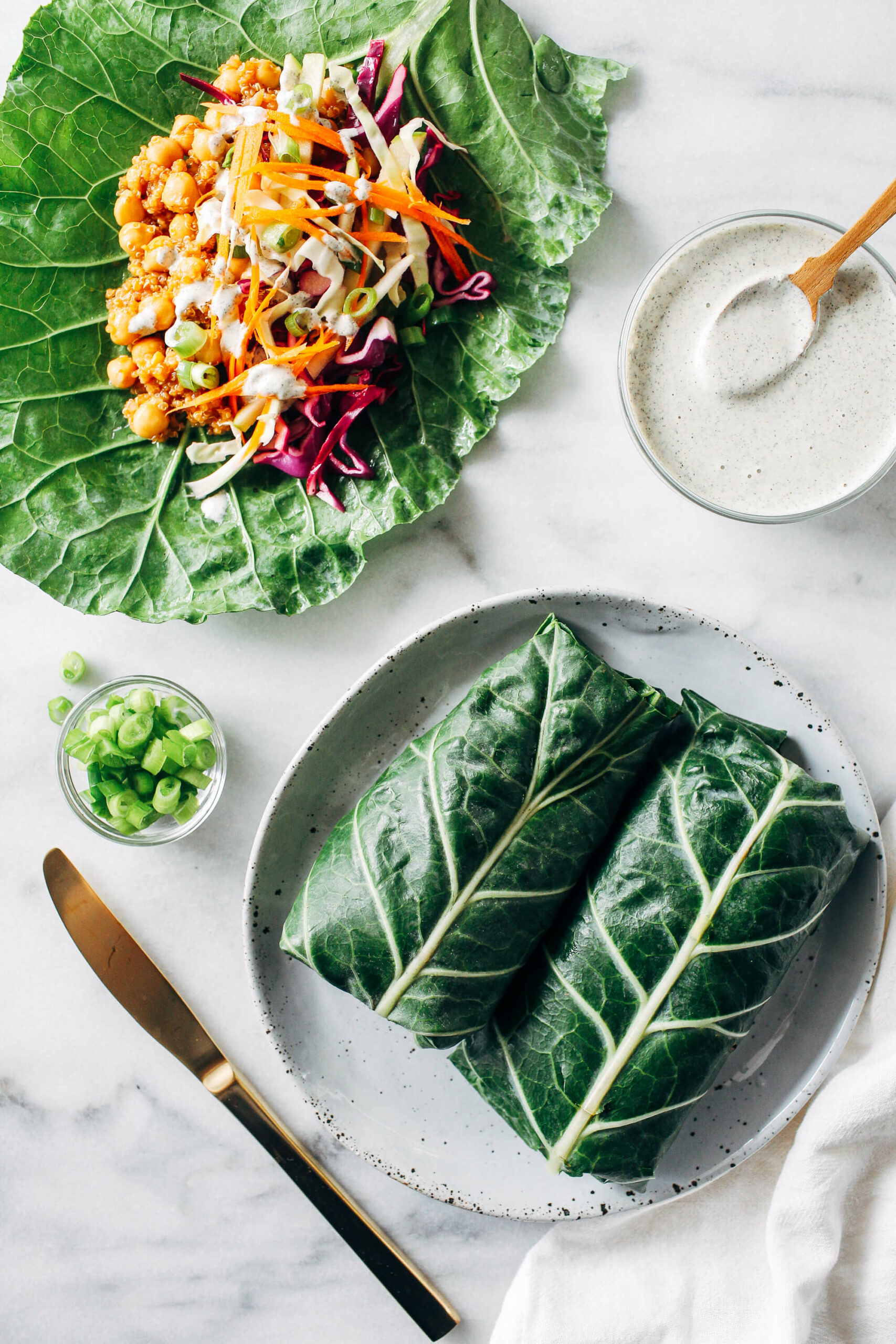 Vegan BBQ Chickpea Collard Wraps with Ranch Dressing // BBQ and veggies? Yes, thank you! Substituting burrito wrap for collard greens makes this dish a super healthy choice for dinner. Not to mention, crunchy! | The Green Loot #vegan #cleaneating #weightloss