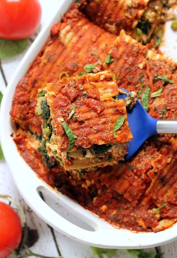 You could technically buy a vegan ricotta substitute, or you can make this lasagna with vegan tofu-hummus ricotta that is somehow able to perfectly replicate the dairy stuff. Pro tip: Make extra tofu ricotta to snack on later. Recipe here.